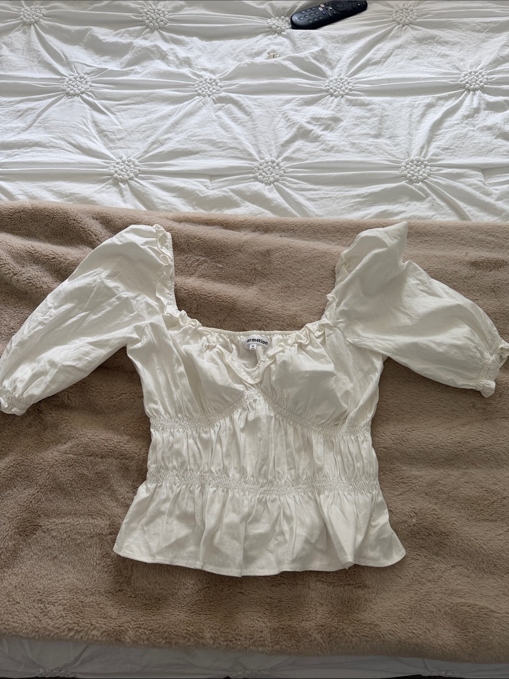 Reformation Cream Puff-Sleeve Smocked Milk Maid Top
